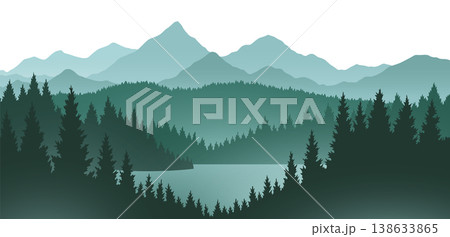 Foggy mountains landscape background. Smoky and rocky panorama with mountains skyline and pine tree forest silhouettes. Scenery with slopes, vector cartoon illustration Foggy mountains landscape background. Smoky and rocky panorama with mountains skyline and pine tree forest silhouettes. Scenery with slopes, vector cartoon illustration 138633865