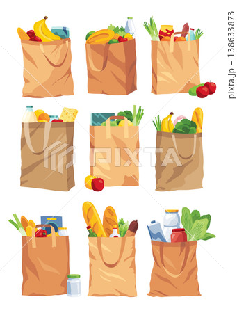 Collection of paper shopping bags products grocery. Vegetables, bread, dairy products, vine, meat and eggs. Grocery supermarket. Fresh healthy produce. Grocery delivery concept 138633873