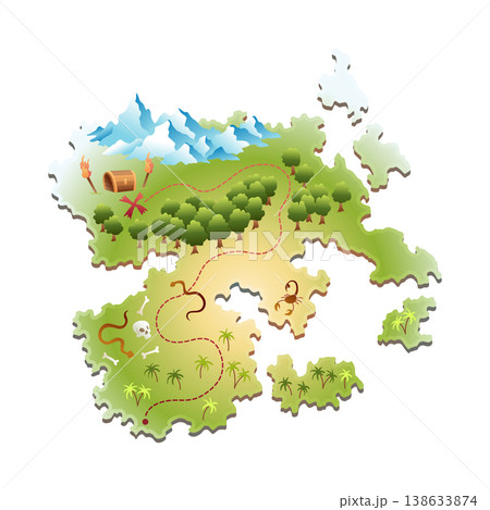 Old treasure or pirate map. Vintage grunge adventure, treasure research game. Worn parchment with land and wind rose. Hand drawn vector illustration Old treasure or pirate map. Vintage grunge adventure, treasure research game. Worn parchment with land and wind rose. Hand drawn vector illustration 138633874