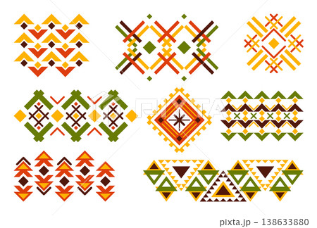 Collection of Ethnic patterns. Geometric and aztec decor elements. Trendy backgrounds and logotypes. Vector. Isolated Collection of Ethnic patterns. Geometric and aztec decor elements. Trendy backgrounds and logotypes. Vector. Isolated 138633880