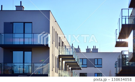 Apartments in residential complex. Housing structure at modern house.  Architecture for property investment. and architecture details. Urban abstract - windows of apartment building. 138634058