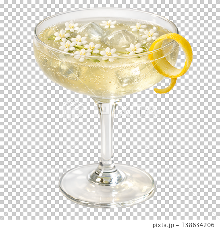 Sparkling elderflower cocktail in a crystal glass with a fresh lemon wheel garnish, perfect for summer drinks, bridal showers, and garden parties 138634206