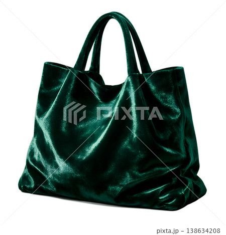 Dark green velvet tote bag with a soft, luxurious texture, isolated on a transparent background, perfect for fashion product displays and e-commerce 138634208