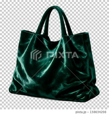 Dark green velvet tote bag with a soft, luxurious texture, isolated on a transparent background, perfect for fashion product displays and e-commerce Dark green velvet tote bag with a soft, luxurious texture, isolated on a transparent background, perfect for fashion product displays and e-commerce 138634208