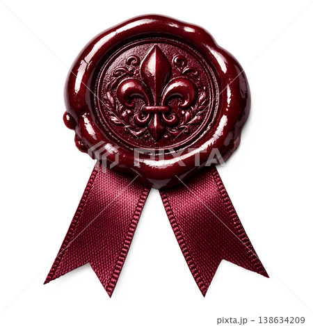 Classic red wax seal stamped with an ornate fleur-de-lis motif, attached to ribbon, representing vintage correspondence and old-world elegance 138634209