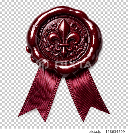 Classic red wax seal stamped with an ornate fleur-de-lis motif, attached to ribbon, representing vintage correspondence and old-world elegance 138634209