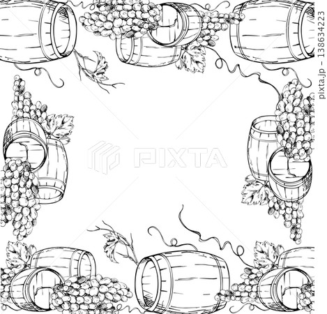 Wooden barrels for wine storage, cellar casks with harvested grape bunches, curling vine creepers, leaves. Ornamental square frame isolated ink vector illustration hand drawn for cards, menu borders 138634223