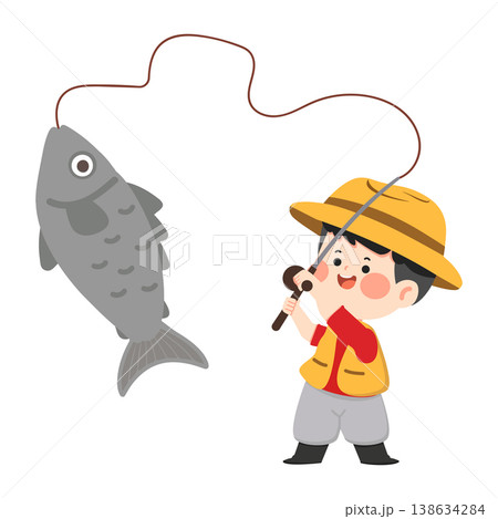 Boy fishing and catching a fish in nature Boy fishing and catching a fish in nature 138634284