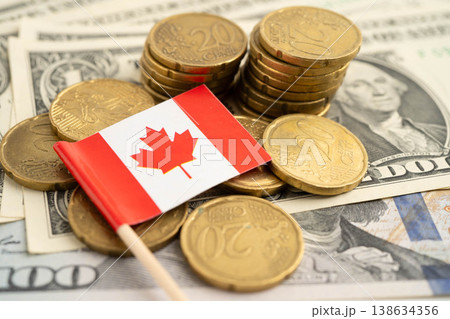 Canada flag on coin and banknote money, finance trading investment business currency. Canada flag on coin and banknote money, finance trading investment business currency. 138634356
