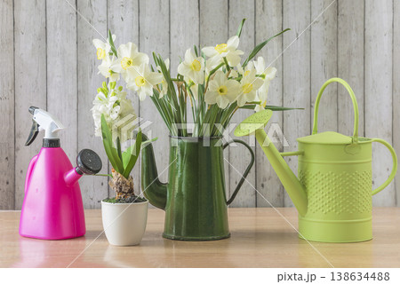Spring gardening concept: bouquet of white daffodils, hyacinth flower and watering can on a wooden background 138634488