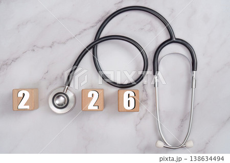 Stethoscope with 2026 blocks on marble surface Stethoscope with 2026 blocks on marble surface 138634494
