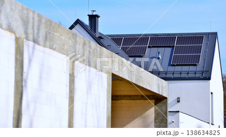 Solar panel on the roof. Photovoltaic panels standing on a paved surface. 138634825