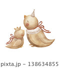 Birds a big mother in collar, little baby chick in crown, red bows. Watercolor illustration hand-drawn in children's vintage style isolated from background for cards posters nursery decor, clothing 138634855