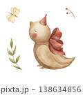 Bird in party hats, red bows, ribbons, butterfly, plant, berries. Watercolor illustration hand-drawn in children's style, clip art, element isolated from background for cards posters nursery, clothing 138634856