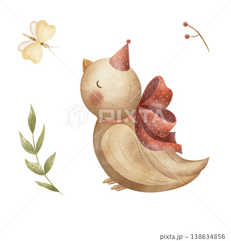Bird in party hats, red bows, ribbons, butterfly, plant, berries. Watercolor illustration hand-drawn in children's style, clip art, element isolated from background for cards posters nursery, clothing Bird in party hats, red bows, ribbons, butterfly, plant, berries. Watercolor illustration hand-drawn in children's style, clip art, element isolated from background for cards posters nursery, clothing 138634856