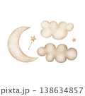 Vintage moon lunar clouds, stars in beige color. Watercolor illustration hand-drawn in children's style, isolated from background for greeting cards, posters, nursery decor, packaging, clothing baby 138634857