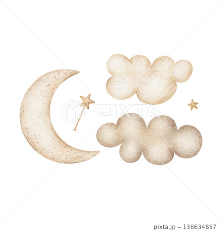Vintage moon lunar clouds, stars in beige color. Watercolor illustration hand-drawn in children's style, isolated from background for greeting cards, posters, nursery decor, packaging, clothing baby 138634857