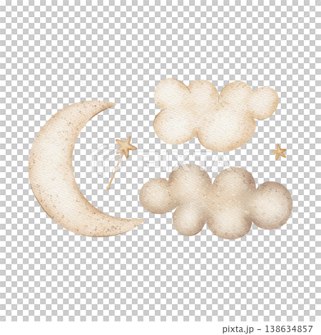 Vintage moon lunar clouds, stars in beige color. Watercolor illustration hand-drawn in children's style, isolated from background for greeting cards, posters, nursery decor, packaging, clothing baby Vintage moon lunar clouds, stars in beige color. Watercolor illustration hand-drawn in children's style, isolated from background for greeting cards, posters, nursery decor, packaging, clothing baby 138634857
