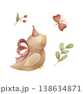 Little bird, chick in party hats, bows, butterfly, plant, berries. Watercolor illustration hand-drawn in children's style, clip art, element isolated from background for cards posters nursery clothing 138634871
