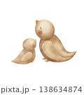 Cute pair of birds, baby and mother in beige color. Watercolor illustration hand-drawn in children's vintage style, clip art, element isolated from background for cards posters nursery decor, clothing 138634874