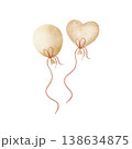 Balloons air heart shaped of beige color on rope. Watercolor illustration hand-drawn in children's style, isolated from background for design birthday holiday, party cards, posters, nursery decor baby 138634875
