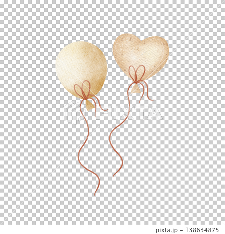 Balloons air heart shaped of beige color on rope. Watercolor illustration hand-drawn in children's style, isolated from background for design birthday holiday, party cards, posters, nursery decor baby Balloons air heart shaped of beige color on rope. Watercolor illustration hand-drawn in children's style, isolated from background for design birthday holiday, party cards, posters, nursery decor baby 138634875