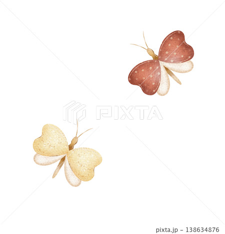 Vintage butterflies in red yellow color. Watercolor illustration hand-drawn wings, heart shape in children's style, isolated from background for greeting cards, posters, nursery decor, clothing baby 138634876