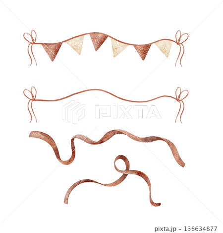 Ribbon, garland flags of beige, red on rope. Watercolor illustration hand-drawn banner, border in children's style, isolated from background for design holiday, party cards posters, nursery decor baby 138634877