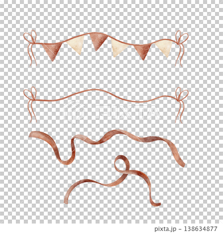 Ribbon, garland flags of beige, red on rope. Watercolor illustration hand-drawn banner, border in children's style, isolated from background for design holiday, party cards posters, nursery decor baby Ribbon, garland flags of beige, red on rope. Watercolor illustration hand-drawn banner, border in children's style, isolated from background for design holiday, party cards posters, nursery decor baby 138634877