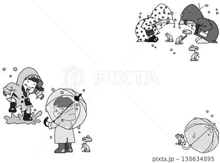 レインコートを着て雨の中楽しむ子供達のモノクロイラスト JPG 背景白 138634895