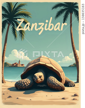 A giant tortoise is resting on a sandy beach in Zanzibar. Palm trees stand tall beside it. In the background, there are hills and a lighthouse. The sky is clear and blue with some clouds. 138635163