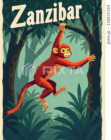 A monkey with bright orange fur swings from trees in a forest in Zanzibar. The dense green foliage surrounds the monkey as it moves playfully among the branches. 138635164