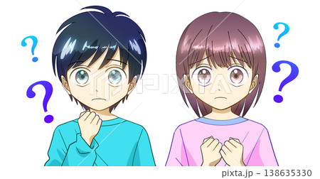 わからない、困っている、疑問に思っている男の子と女の子のアニメ風イラスト、白バック 138635330