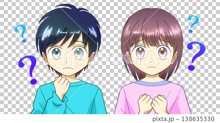 わからない、困っている、疑問に思っている男の子と女の子のアニメ風イラスト、白バック 138635330
