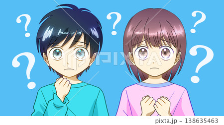 わからない、困っている、疑問に思っている男の子と女の子のアニメ風イラスト、白バック 138635463