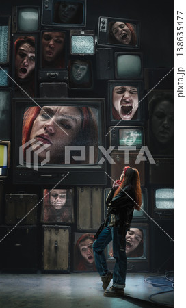 Young woman reacting to judgmental faces displayed on retro television wall. Young woman reacting to judgmental faces displayed on retro television wall. 138635477