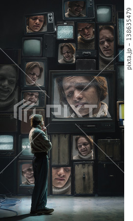 Person standing in front of vintage television wall with faces judging and evaluating Person standing in front of vintage television wall with faces judging and evaluating 138635479