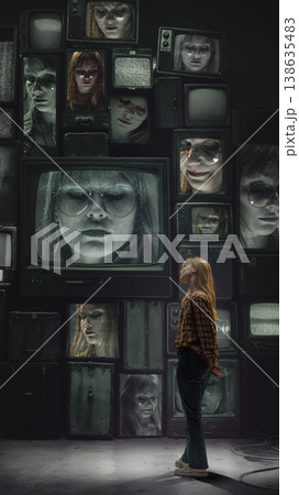 Woman looking at multiple versions of herself on vintage television screens in dark space. 138635483