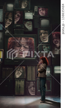 Woman facing vintage televisions with multiple emotional expressions of herself. Woman facing vintage televisions with multiple emotional expressions of herself. 138635484
