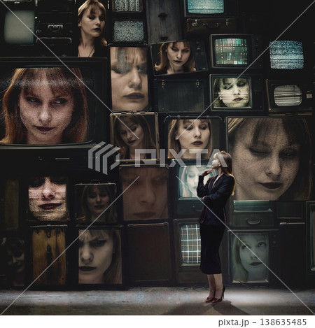 Business woman standing in front of wall of screens showing different emotional states. Business woman standing in front of wall of screens showing different emotional states. 138635485
