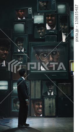 Businessman facing wall of screens with different versions of himself emotions. Businessman facing wall of screens with different versions of himself emotions. 138635487