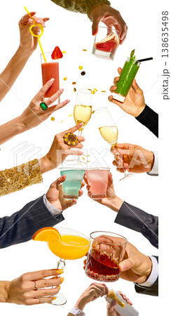 Hands clinking glasses with cocktails and champagne isolated on white background. 138635498
