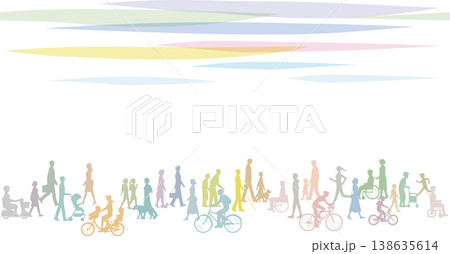 横から見た歩く老若男女。人々、車いす、自転車などのイラスト 横から見た歩く老若男女。人々、車いす、自転車などのイラスト 138635614
