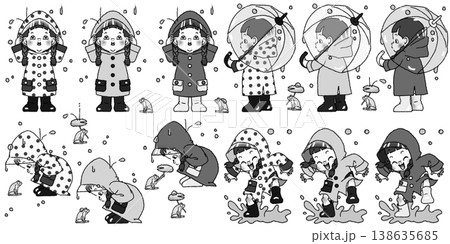 レインコートを着て雨を楽しむ三つ編みの女の子のモノクロイラスト PNG 背景透過 138635685
