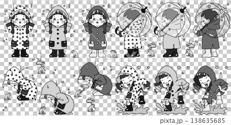 レインコートを着て雨を楽しむ三つ編みの女の子のモノクロイラスト PNG 背景透過 138635685