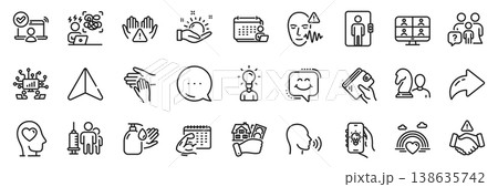 Video conference, Wallet and Family questions line icons pack. Share, Message, Paper plane icons. Wash hands, Elevator, Electric app web icon. Vector 138635742