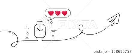 Digital time line icon. Continuous line with share plane. Clock sign. Smartwatch symbol. Hearts rate review in speech bubble. Smartwatch single line ribbon. Loop curve pattern. Vector Digital time line icon. Continuous line with share plane. Clock sign. Smartwatch symbol. Hearts rate review in speech bubble. Smartwatch single line ribbon. Loop curve pattern. Vector 138635757
