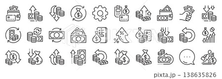 Money line icons. Settings gear, Message, Inflation icons. Finance, revenue reduction and financial benefit set. Economy, money savings and increase profit line icons. Vector Money line icons. Settings gear, Message, Inflation icons. Finance, revenue reduction and financial benefit set. Economy, money savings and increase profit line icons. Vector 138635826