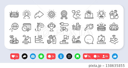 Eco bike, Electric bike and Yoga line icons pack. Social media: share, comment, like icons. Cardio training, Boat fishing, Timer web icon. Sports arena, Strong arm, Winner flag pictogram. Vector 138635855