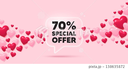 Discount glass speech bubble. 3d hearts pink background. 70 percent discount offer tag. Sale price promo sign. Special offer symbol. Valentines day greeting card. Flying hearts. Vector 138635872